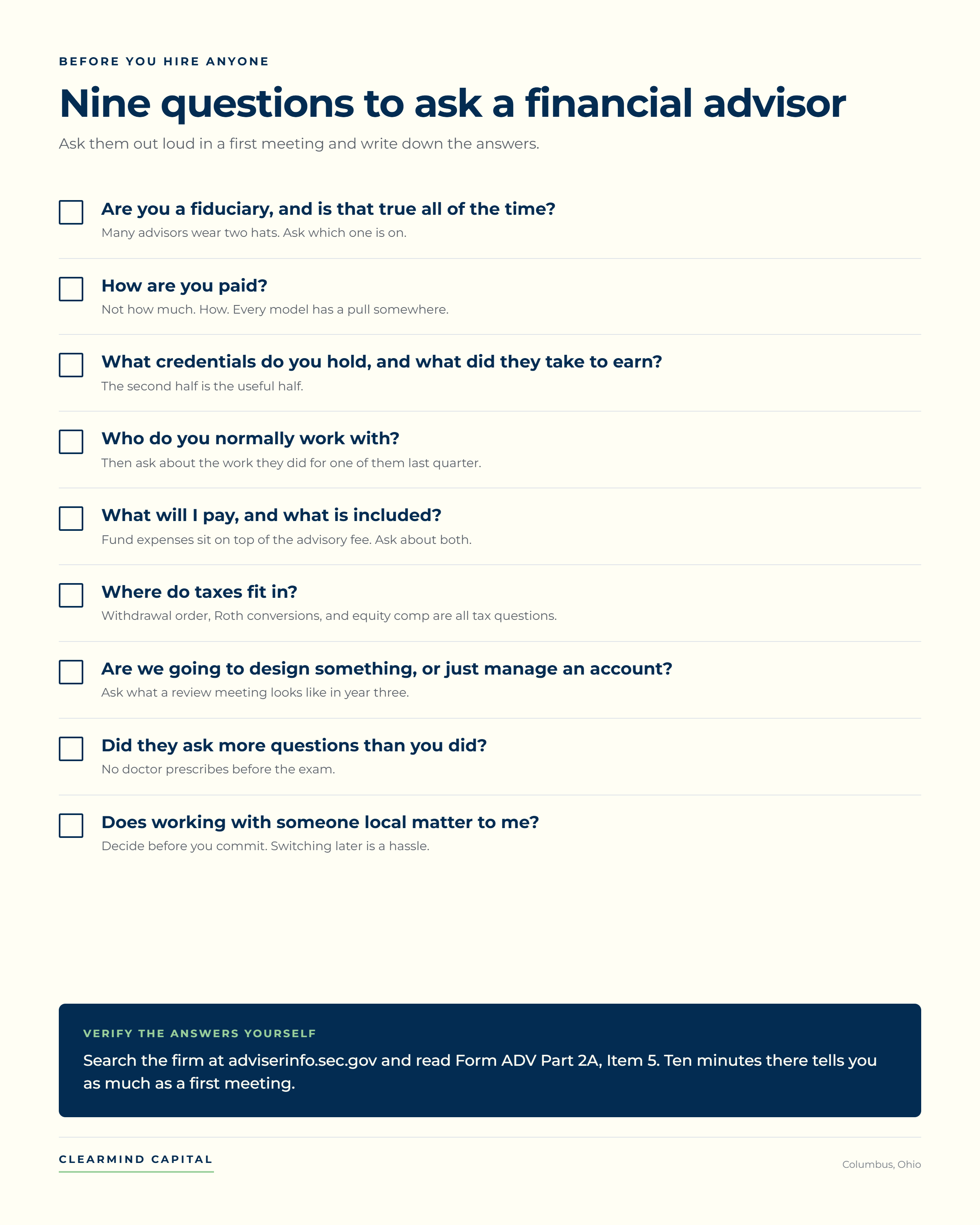 Printable checklist of nine questions to ask a financial advisor before hiring them, covering fiduciary status, fee-only compensation, credentials, total cost in dollars, tax planning, and long-range planning.