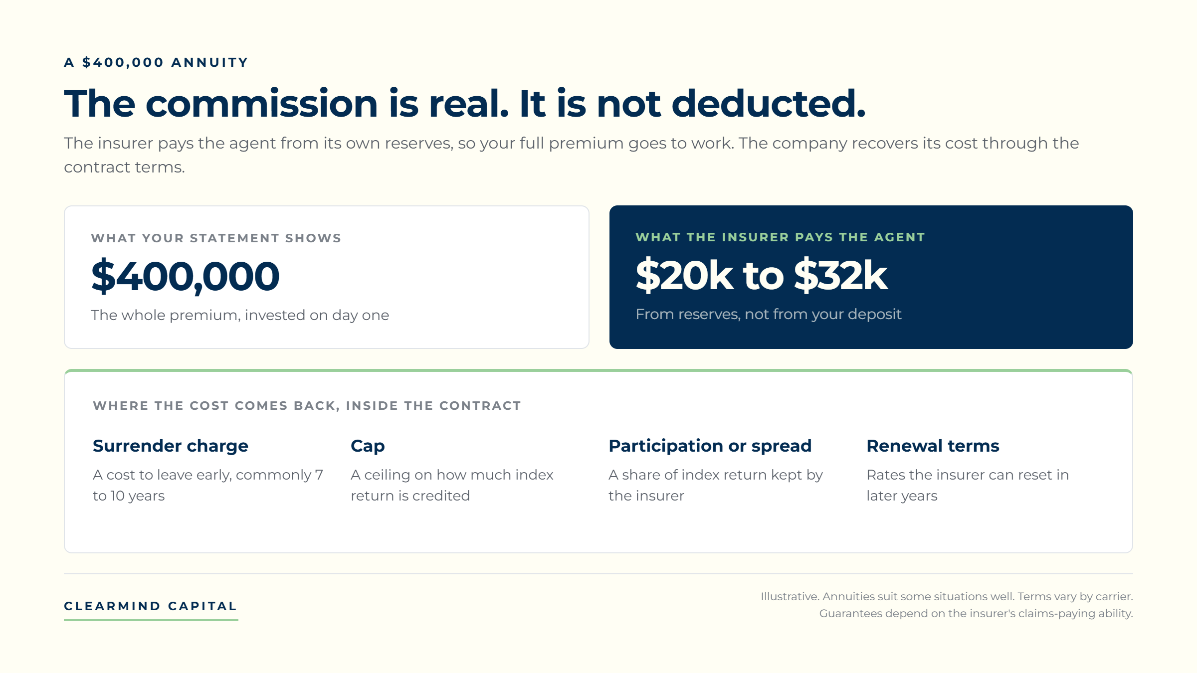 Diagram explaining that an annuity commission of $20,000 to $32,000 on a $400,000 premium is paid by the insurer rather than deducted, and recovered through surrender charges, caps, spreads, and renewal rates.
